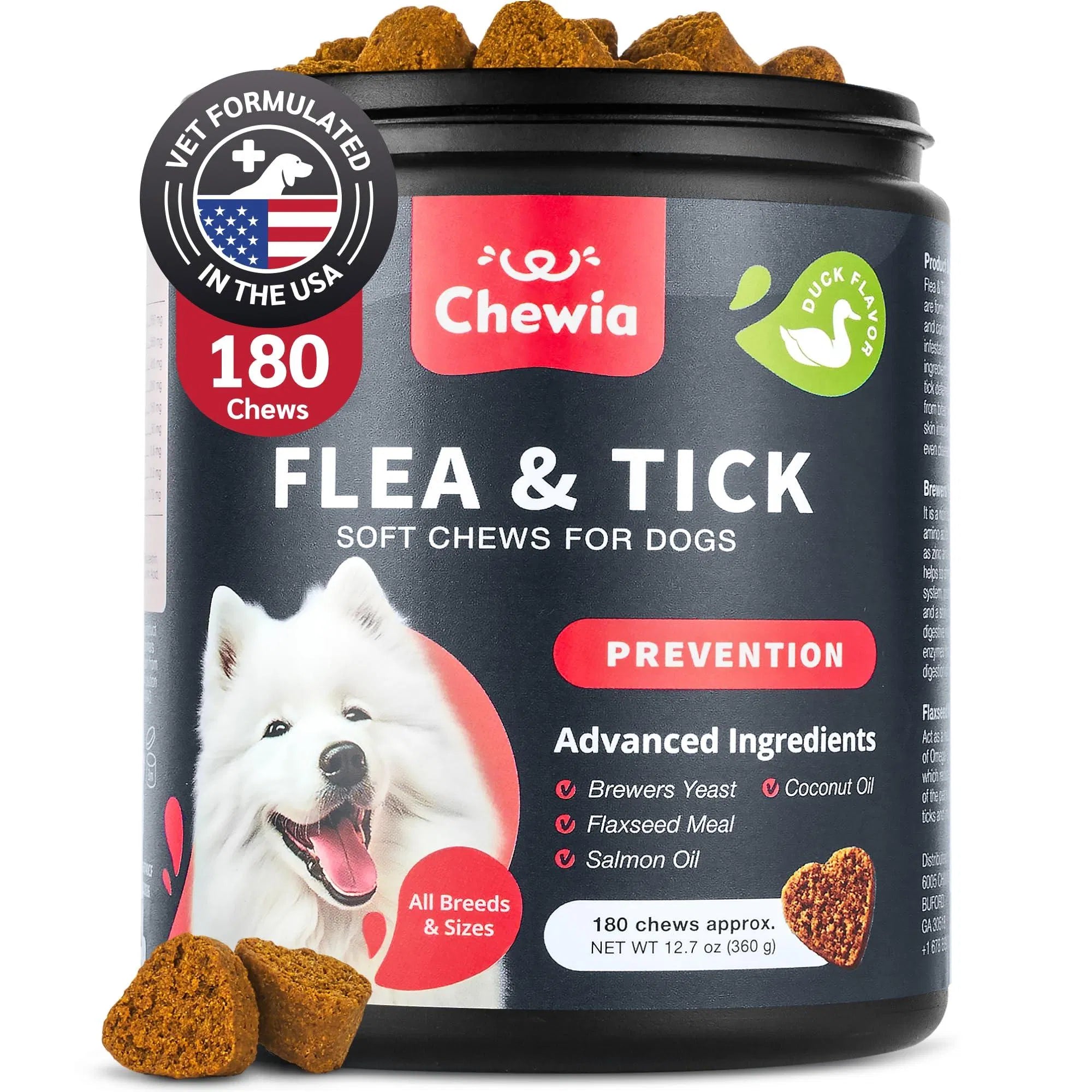 Flea & tick prevention soft chews jar with dog treat pieces, 180 count