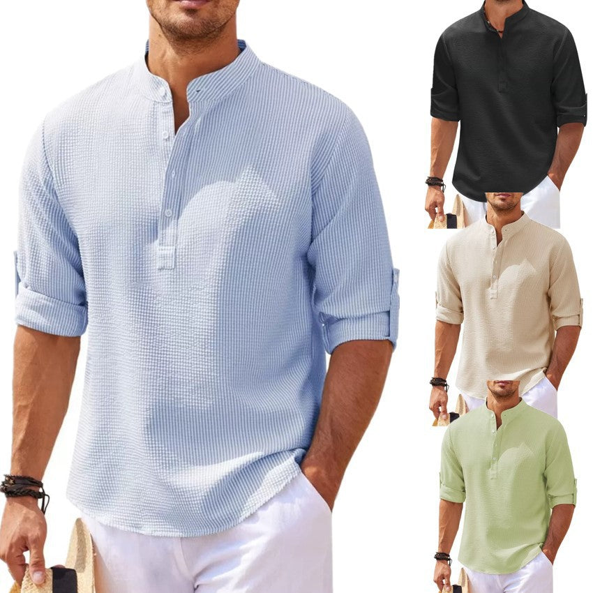Men's textured stand-collar shirt, light blue, short sleeves, button placket