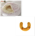 Round plush pet bed with pale inner cave and pink-trim flap, 65cm