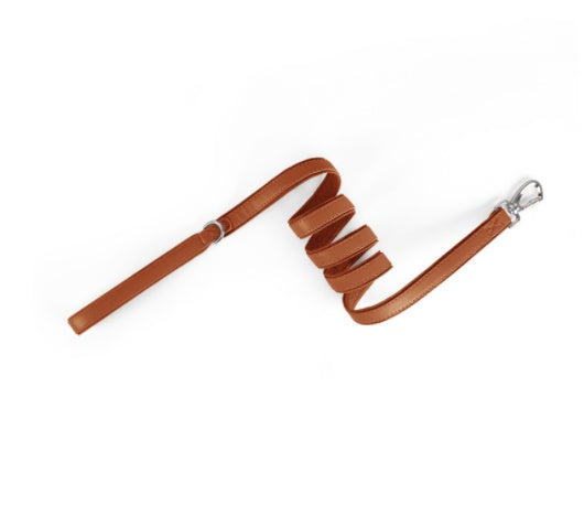 Brown leather pet collar with AirTag holder and metal clasp, D-ring and strap cover