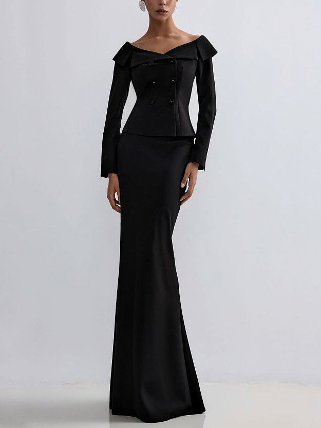 Elegant Luxe Black Double-Breasted Jacket & Long Skirt Suit for a Bold Statement