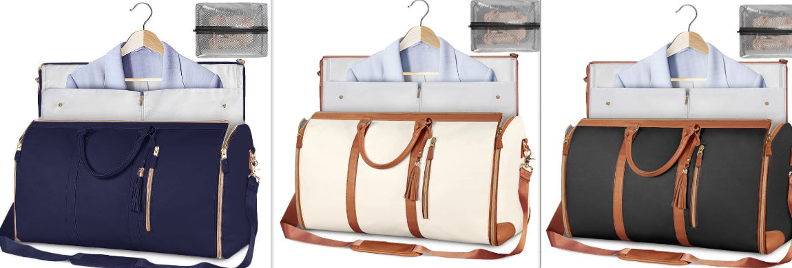Waterproof travel duffle set collage: navy, beige, and dark bags with tan zippers