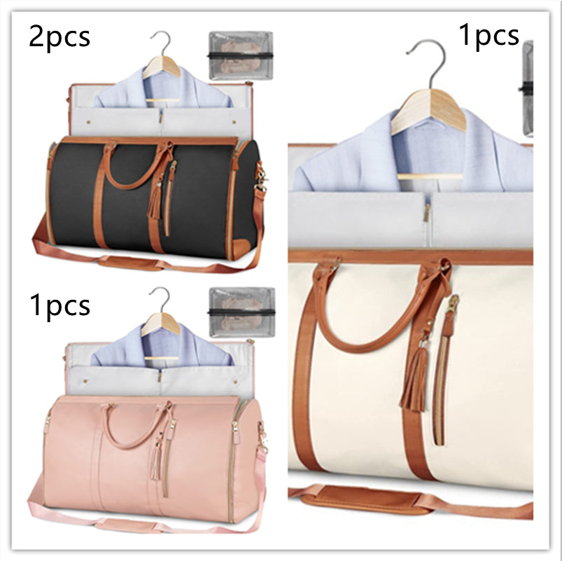 Foldable waterproof duffel set with dark and white bags, each with organizer and straps
