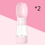 Pink 2-in-1 dog water and food bottle with drinking cap and base