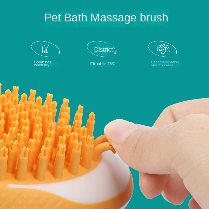 Pet bath massage brush with orange silicone massage surface and short orange bristles
