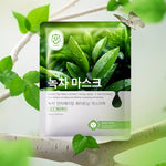 Green tea facial sheet mask pouch with leaf pattern and serum-style water droplets