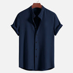 Men's loose short sleeve shirt, dark navy, button-front collar