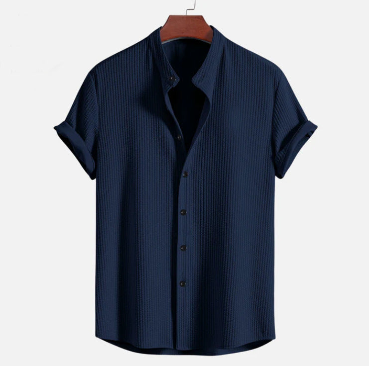 Men's loose short sleeve shirt, dark navy, button-front collar