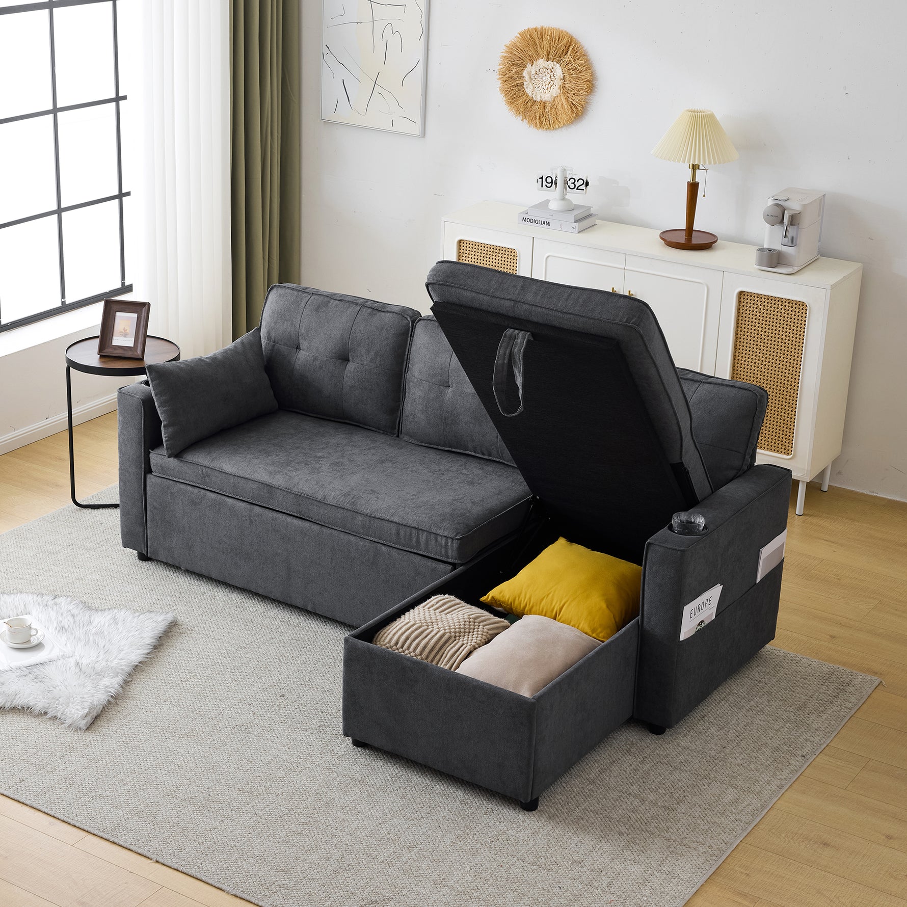 Sofá cama convertible 3 en 1 con chaise longue de almacenamiento interno, sofás cama en forma de L con portavasos, almohadas y bolsillo de almacenamiento. Sofá cama extraíble seccional para sala de estar, dormitorio u oficina, gris