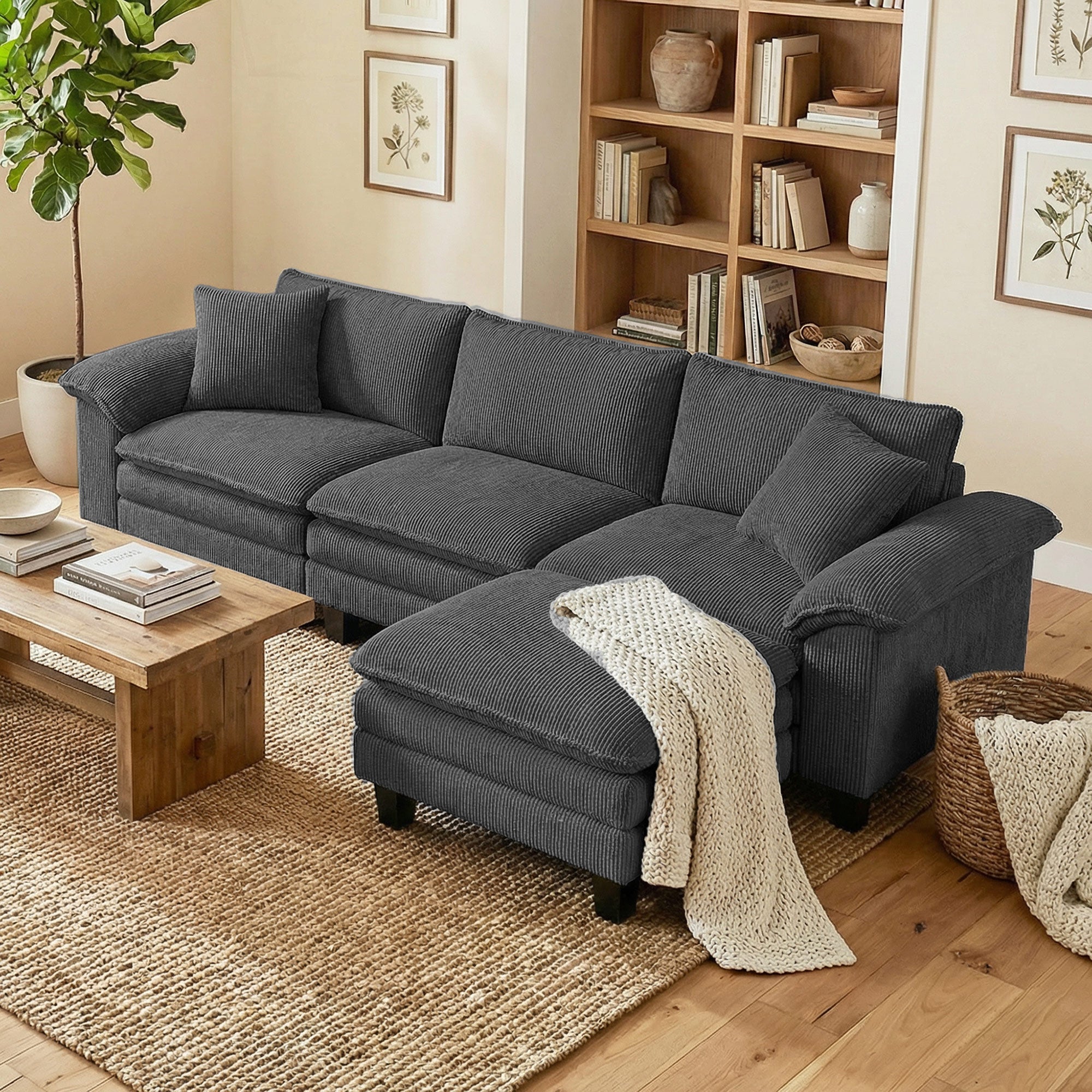 Sofá Seccional, Sofá en Forma de L con Asiento Profundo, Otomana Móvil y Apoyabrazos Acolchados, Gris Oscuro