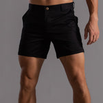 Men's black cotton shorts with button front and side pockets