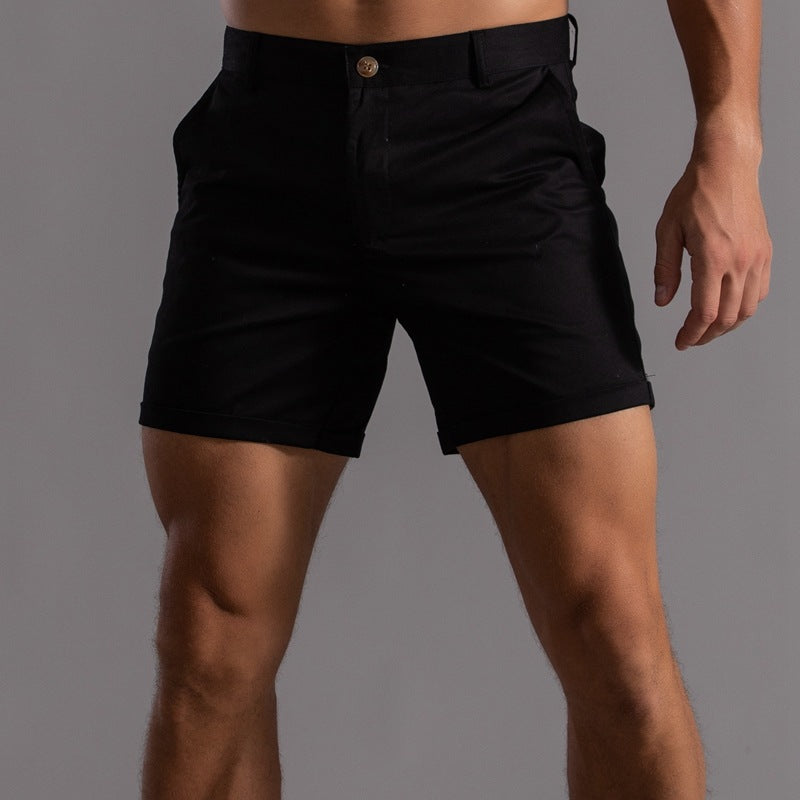Men's black cotton shorts with button front and side pockets