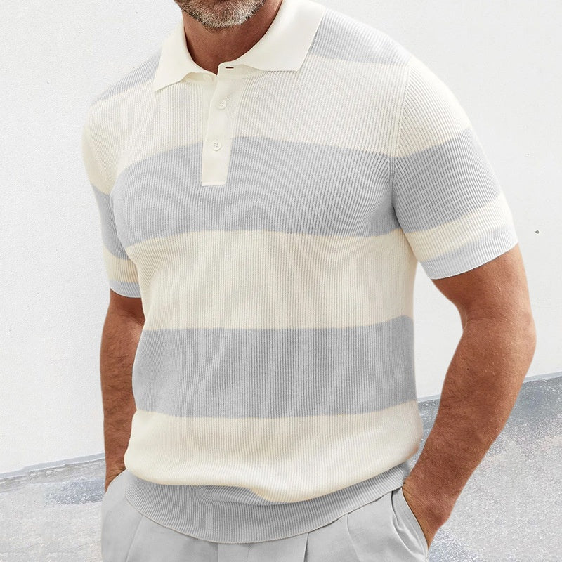 Men's short-sleeve knit polo sweater with light gray and cream horizontal color-block stripes