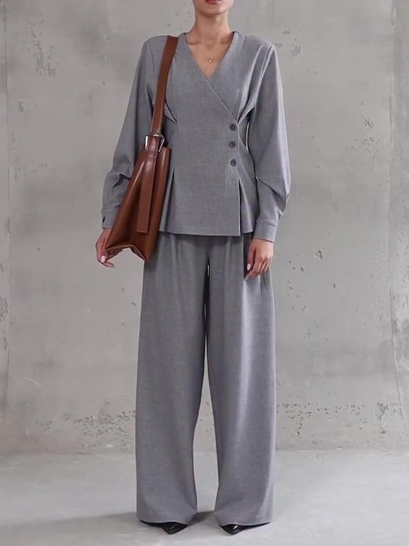 Light gray V-neck button top and wide-leg pants set, long sleeves, asymmetrical front