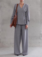 Light gray V-neck button top and wide-leg pants set, full front view