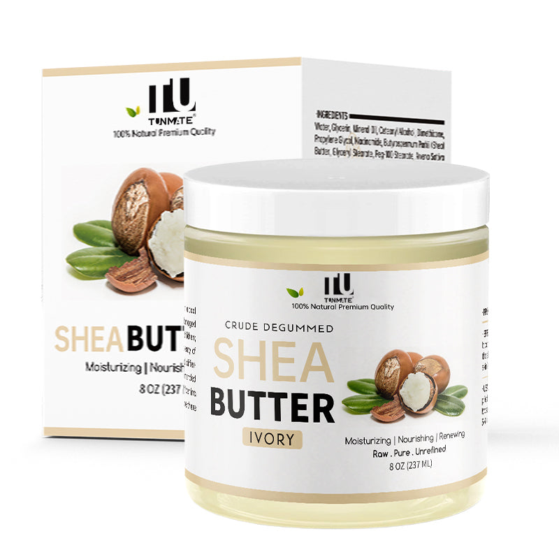 Ivory shea butter body butter jar with matching box, white lid, beige cream.