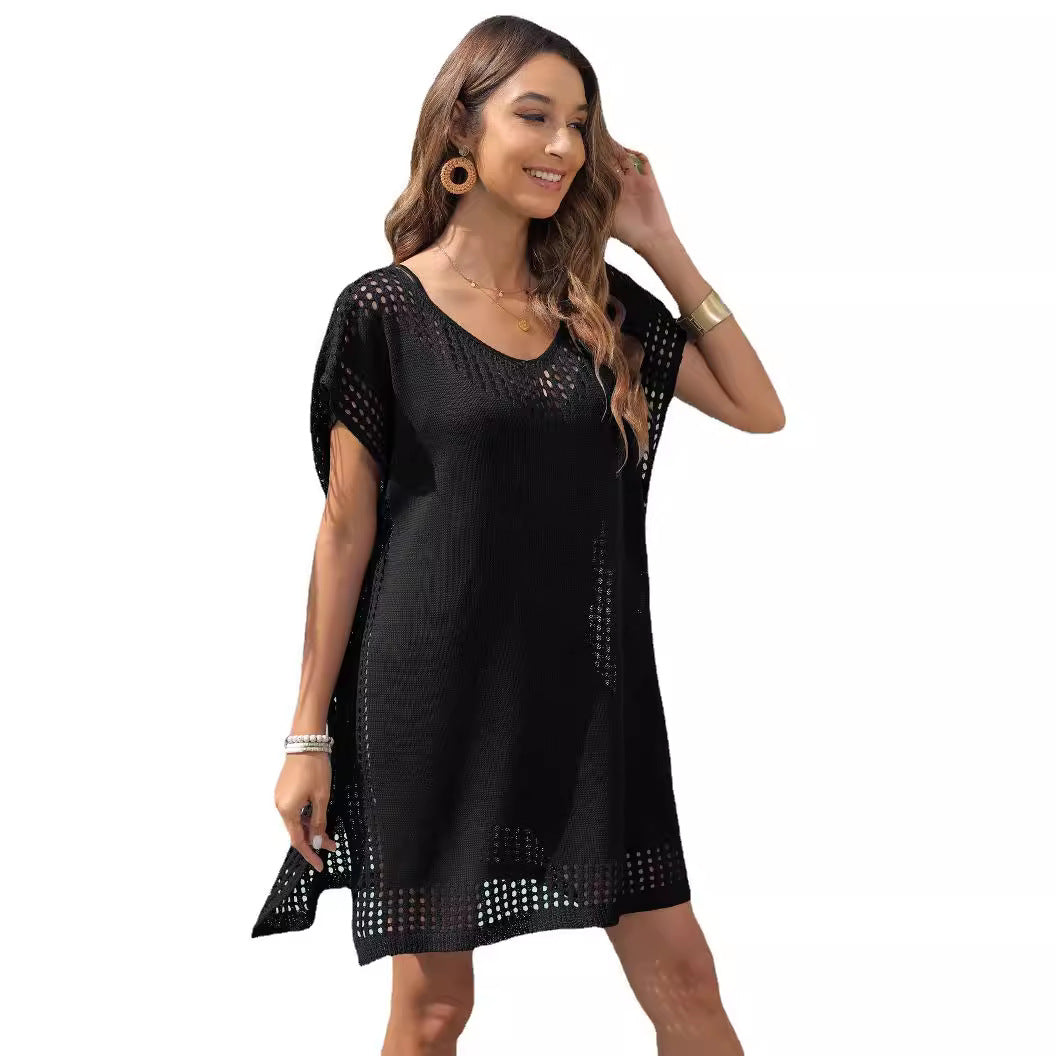 Women's hollow-out V-neck blouse, black knit tunic, short sleeves, loose fit