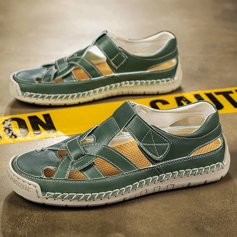 Women's Roman flat woven soft-sole shoes in dark green, open-toe woven straps