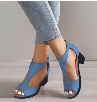 Women’s high-heel fish-mouth sandals in blue, open toe with slim mid-height heel
