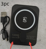 Black magnetic wireless power bank with USB cable, wireless charging contact icon