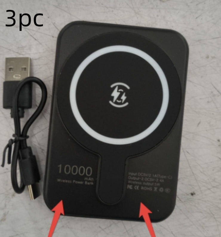 Black magnetic wireless power bank with USB cable, wireless charging contact icon