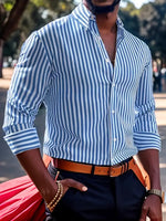 Men's blue-and-white striped long-sleeve button-up shirt, partially open collar, placket