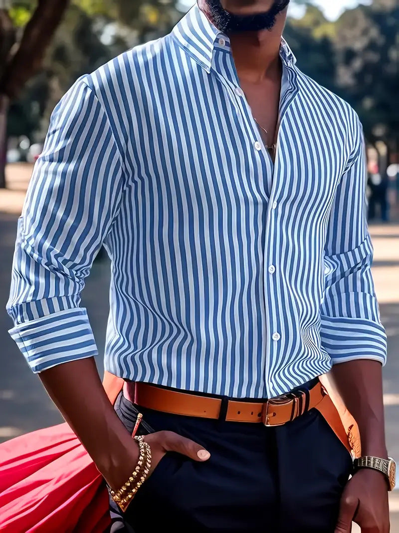 Men's blue-and-white striped long-sleeve button-up shirt, partially open collar, placket