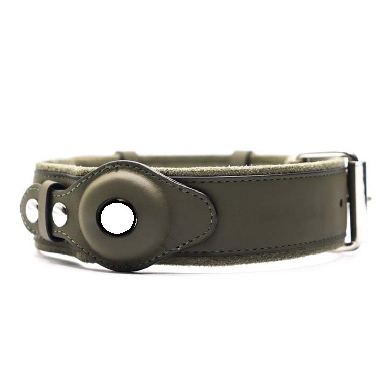 Army green leather dog collar with round tracker window and metal buckle
