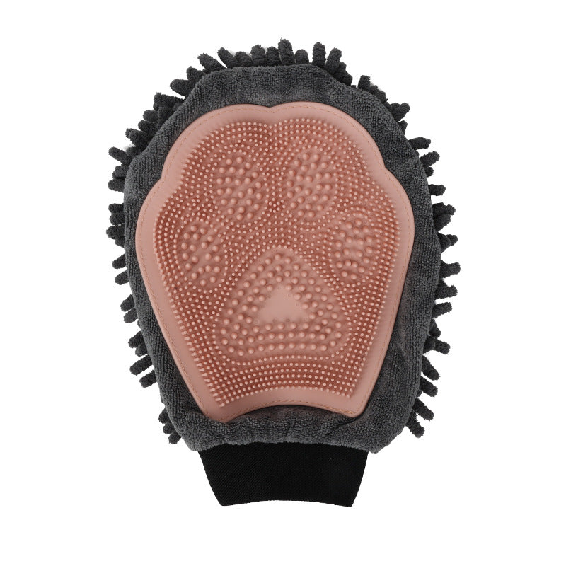 Pet bathing brush glove, pink silicone massage points on dark terry backing