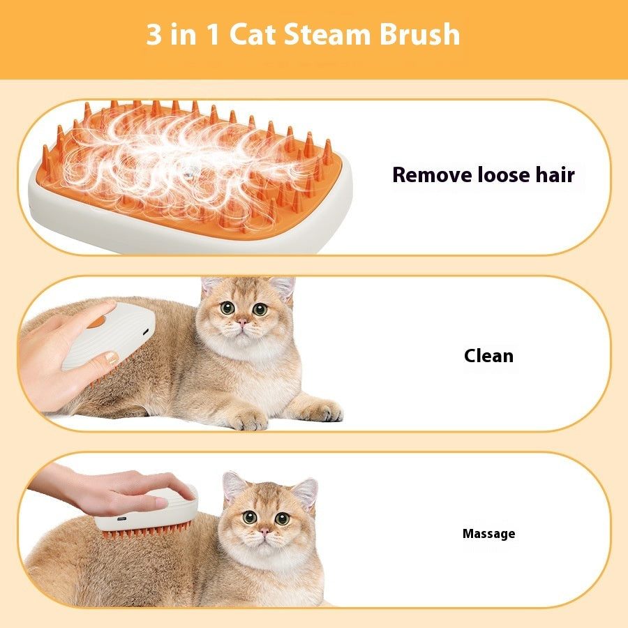 Top view of pet steam grooming brush with orange bristle pad on white base
