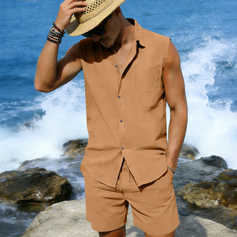 Men's linen sleeveless shirt and shorts set, light khaki, button-front shirt and shorts