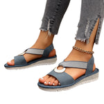 Fish-mouth wedge sandals with elastic ankle strap and jute-textured sole, navy/blue.