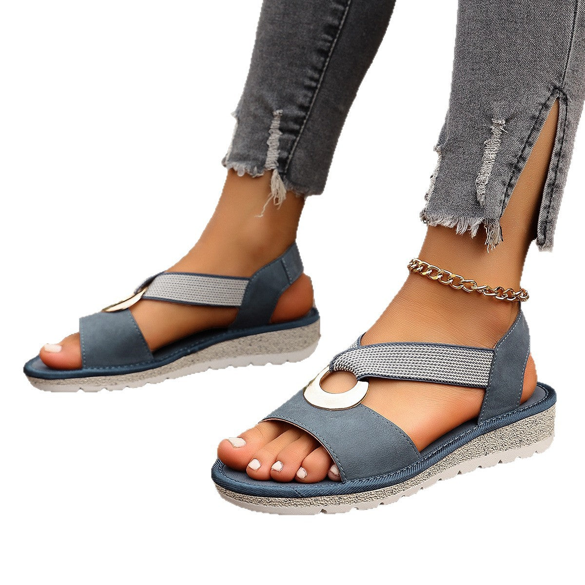 Fish-mouth wedge sandals with elastic ankle strap and jute-textured sole, navy/blue.