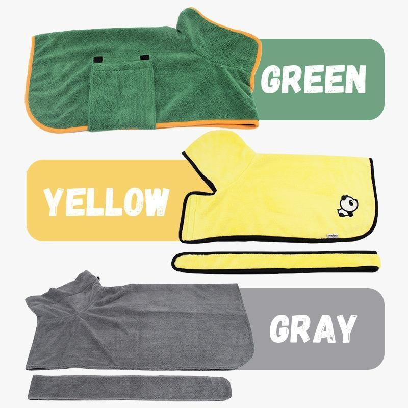 Absorbent pet bathrobe set with green, yellow, and gray microfiber drying coats