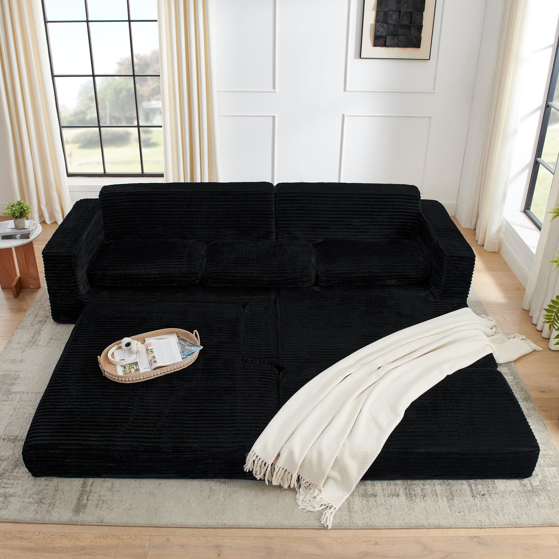 Right Sofa Seat,L Shape Modular Sectional Sofa, Compressed Sectional Sofa Modern Minimalist Style Corduroy Couch,Unfold Into A Bed, Bedroom, Comfy Compressed Sofa Couch Space-Efficient Design-black