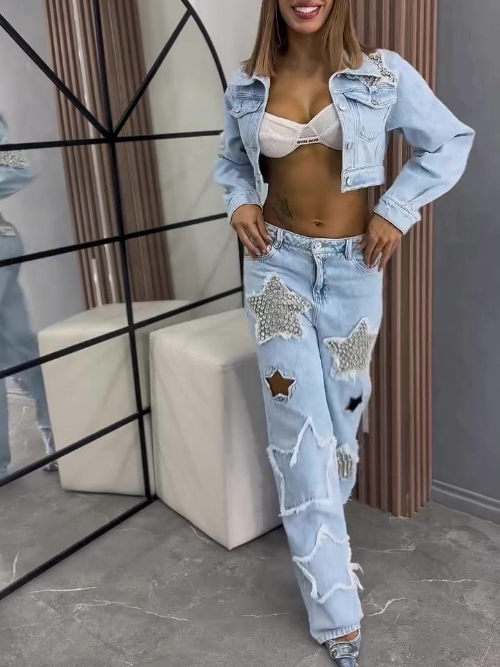 Denim Star Chic Diamond-Embellished Long Sleeve Jacket & Jeans Set