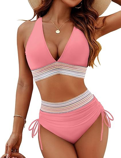 High waist bikini set: V-neck triangle top, striped band, drawstring side bottoms—pink