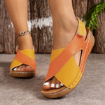 Women's colorblock wedge platform sandals, orange and yellow straps, open fishmouth
