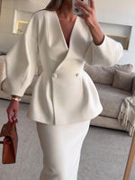 White V-neck blazer coat with long sleeves, peplum hem, double buttons, maxi skirt set