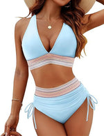 Women's high-waist bikini split set in light blue with striped band and side-tie bottoms