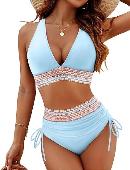 Women's high-waist bikini split set in light blue with striped band and side-tie bottoms