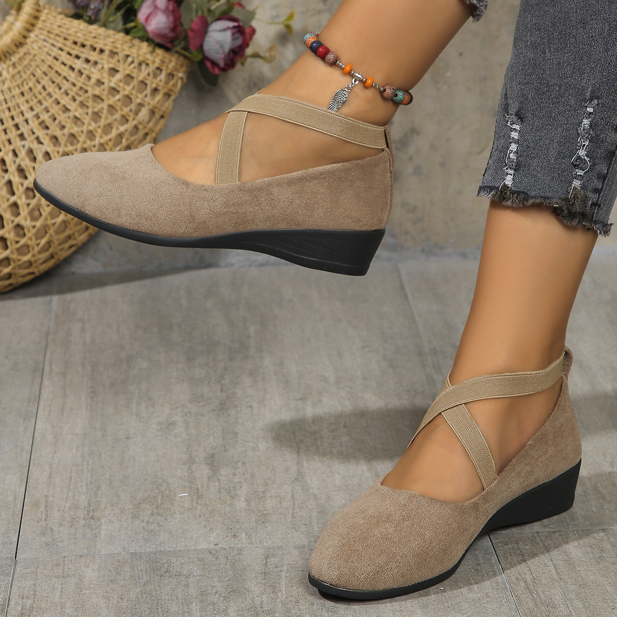 Khaki suede wedge cross-strap flat pumps, side view with back strap and wedge sole