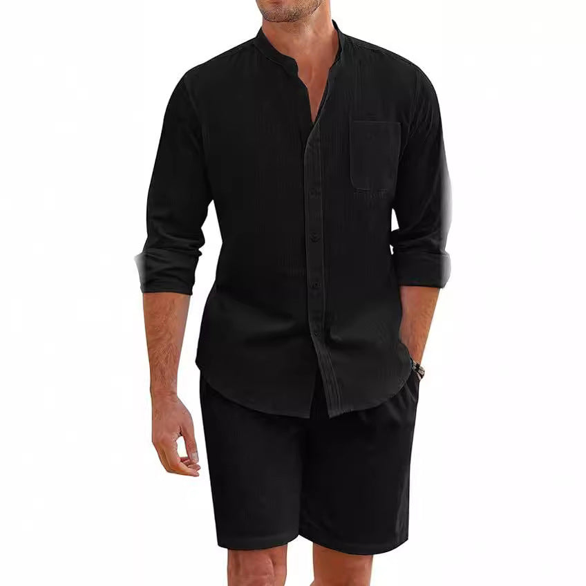 Long-sleeve button shirt and shorts set, black with chest pocket and button front