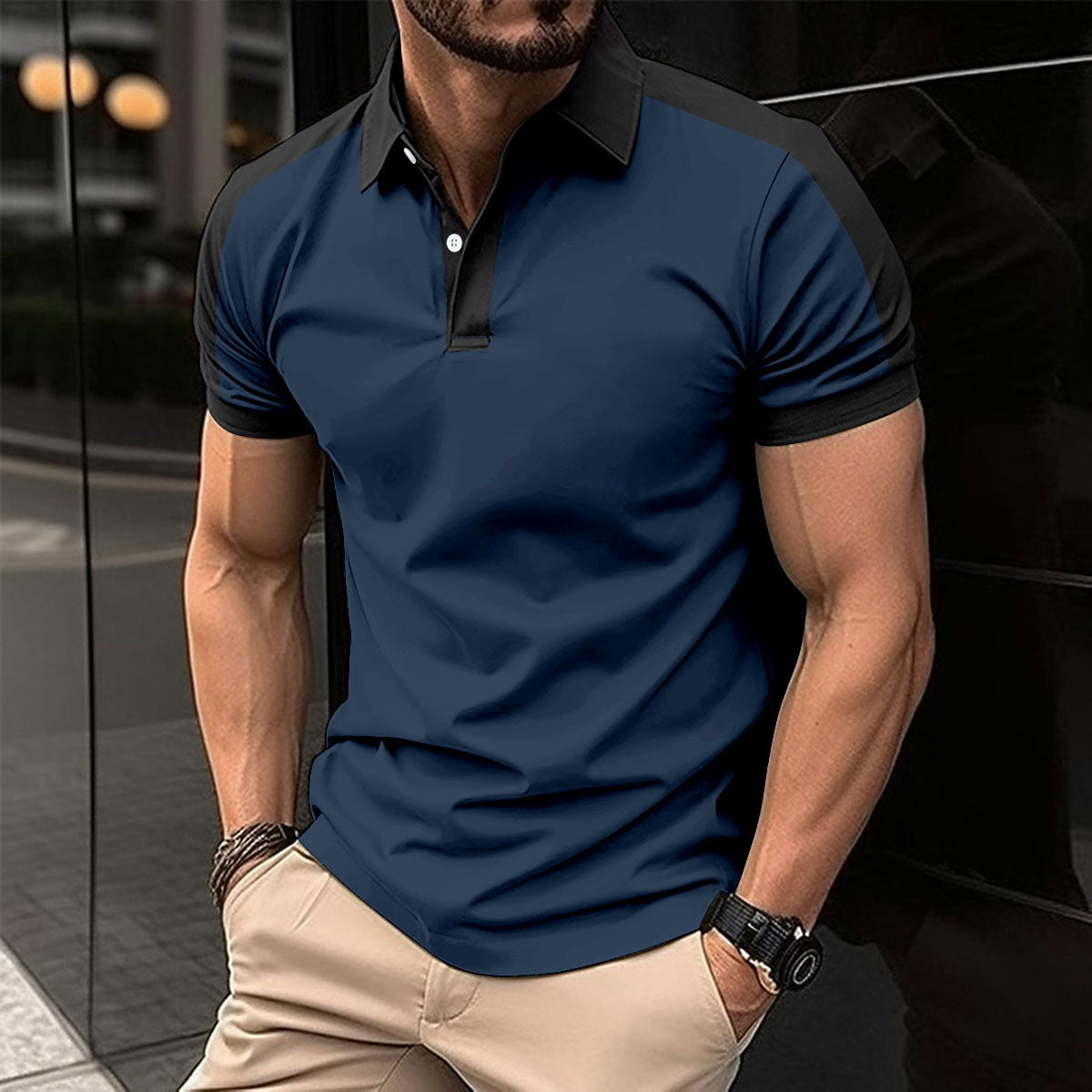 Men's short-sleeve polo shirt, navy blue with black collar and sleeve trim