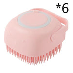 Pink silicone pet bath massage brush with round head and soft bristles