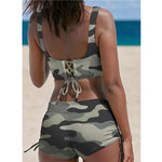 Camouflage bandeau bikini set with crisscross top and ruched high-cut tie-side shorts