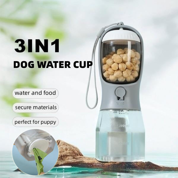 3-in-1 portable pet water and food cup, gray body with clear dispenser top