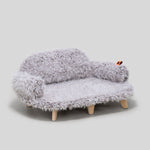 Gray shag luxury wooden pet bed with rounded sides and four wooden legs