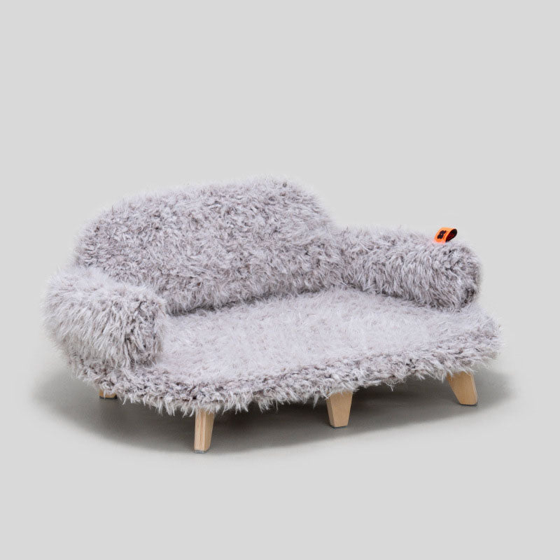 Gray shag luxury wooden pet bed with rounded sides and four wooden legs
