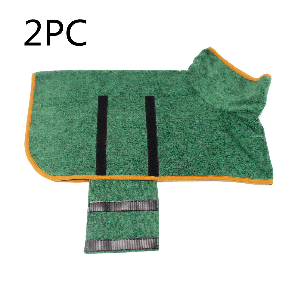 Green microfiber pet bathrobe drying coat with orange trim and black hook-and-loop strips